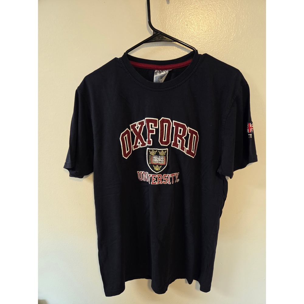 Oxford University Navy Blue Graphic T-Shirt Mens XL Union Jack Sleeve Patch